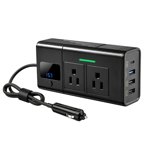 HANSSHOW 200W Car Power Inverter for Tesla Model Y/Juniper/3/S/X 16V Compatible Dual DC 12V to 110V AC Outlet Adapter 30W USB-C &18W USB Fast Car Converter with LED Display for Road Trip Camping Gift