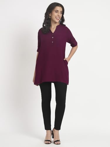 Image of Women's Roll-Up Sleeve Tunic Top, V-Neck with Button Front, Side Pockets, Rayon Short Kurti