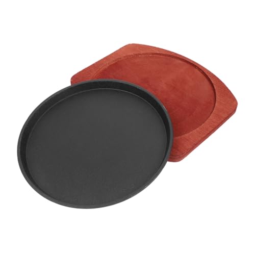 IMIKEYA Padella in ghisa spessa rotonda per fajitas con piatto in legno per servire piastra per barbecue compatibile con induzione e gas per ristorante e casa