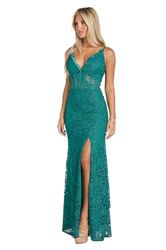 Image of Long Lace Corset Gown W /Illusion Scallop Bodice, Spaghetti Straps & High Slit