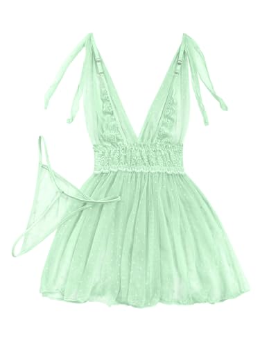 Image of Lilosy Sexy Polka Dots Mesh Sheer Lace Babydoll Chemise Lingerie Set Floral Sleep Wear