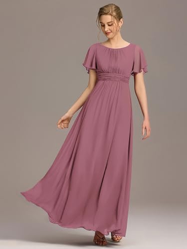 Image of Ever-Pretty Women's Spring Elegant Round Neck Short Sleeve Chiffon Empire Waist Floor Length Formal Dresses Bridesmaid Dress