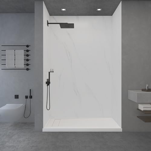 WOODBRIDGE Solid Surface 60' W x 96' H 3-Piece Tile Tub and Shower Wall Panel Surround Kit in Carrara White, 3/16' (5mm) Thick, Quick Install and Trimmable.