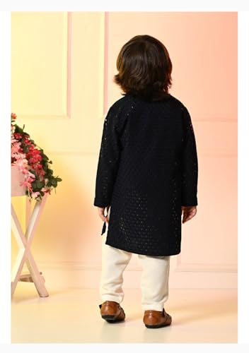 Image of Kids Traditional Black Sequined Kurta with Mandarin Collar, Cotton Blend, Ethnic Formal Wear