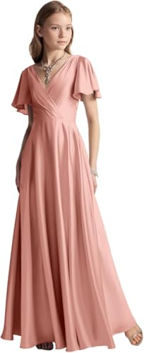 Junior Girls Bridesmaid Dress for Wedding Satin Short Sleeve Flower Girl Dresses for Teen
