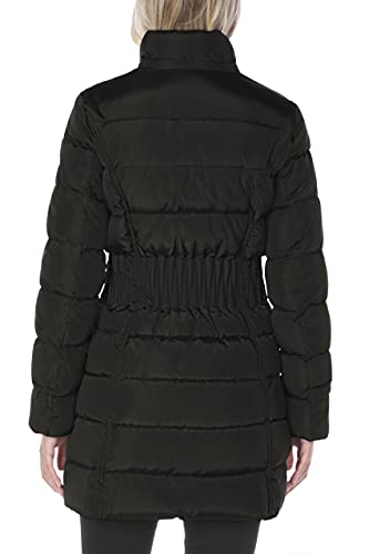 Laundry By Shelli Segal Women's 3/4 Puffer Jacket With Zig Zag Cinched Waist And Faux Fur Trim Hood, Solid Black, Small #TOP5