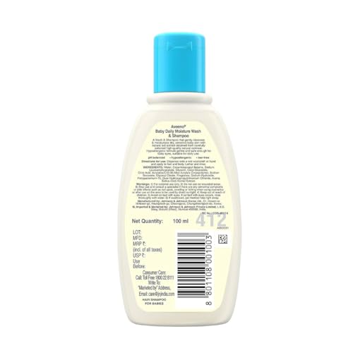 Image of Aveeno Baby Daily Moisture Wash and Shampoo (100ml) | Cleanses hair & body | Oat kernel extract & glycerin | Tear-free, soap-free, paraben-free, hypoallergenic | US #1 Pediatrician recommended