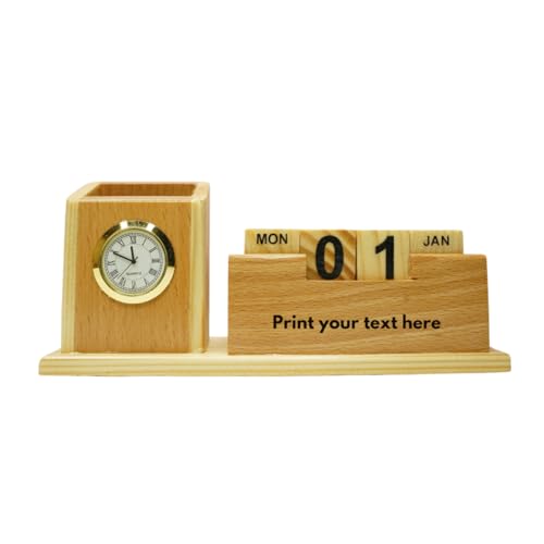 Image of CRAFT CLOSET & GIFTS Wooden Pencil Pen Stand Holder with Rolling Calendar and Mobile Stand Slot - Personalized Office Accessory for IAS, Advocate, Office & Corporate Gifts