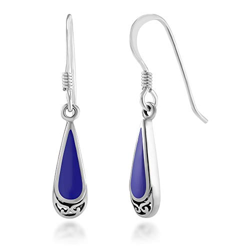 925 Sterling Silver Bali Inspired Blue Stone Filigree Teardrop Dangle Earrings