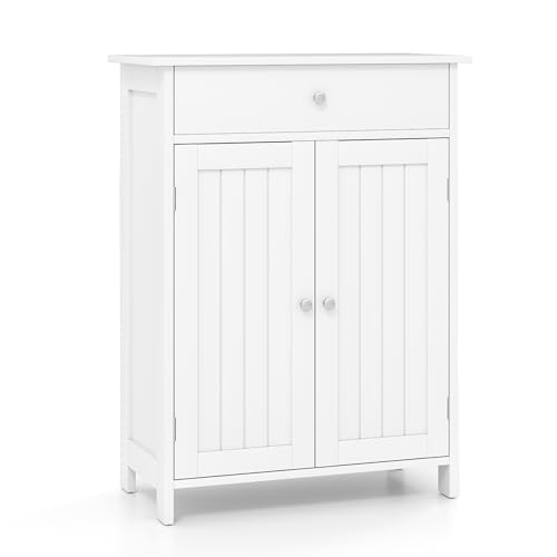 Tangkula Bathroom Storage Cabinet, Freestanding Floor Organizer w/ 2 Doors, 1 Drawer & 1 Adjustable Shelf, Modern Home Bathroom Furniture for Living Room Entryway Kitchen (Cabinet & Drawer, White)