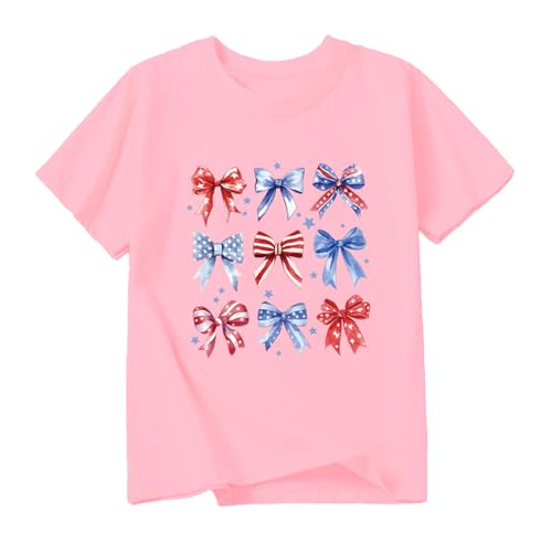 Image of Girl American Flag Shirts Bow Tshirt 4th of July Shirt Cotton Short Sleeve Tees 2-12 Years