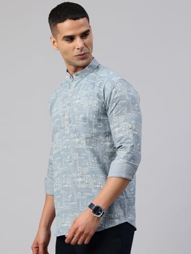 Image of Majestic Man Men's Pure Cotton Printed Mandarin Collar Regular Fit Roll-Up Sleeves Short Kurta