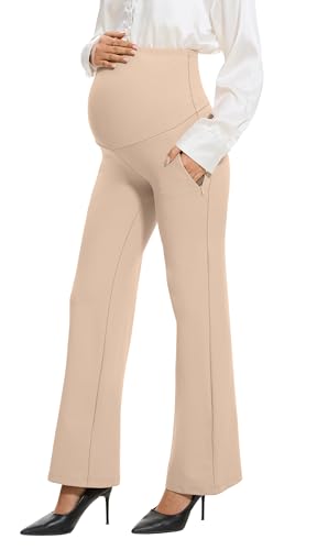 VIMPEP Calça social para gestantes com sensação suave de perna larga sobre a barriga pequena/regular com bolsos 305, Caqui, XGG