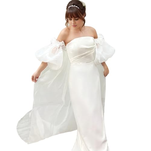 saqulopr Puffy Sleeves with Long Shawl Cape Organza for Wedding Prom Photoshoot (White)