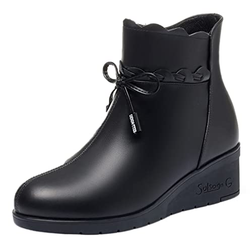Frauen Keil Kurze Stiefel Winter Plüsch Gefüttert Plattform Runde Zehe Reißverschluss Warme Schuhe Damen Arbeit Party Wasserdichte Leder Stiefeletten Cover
