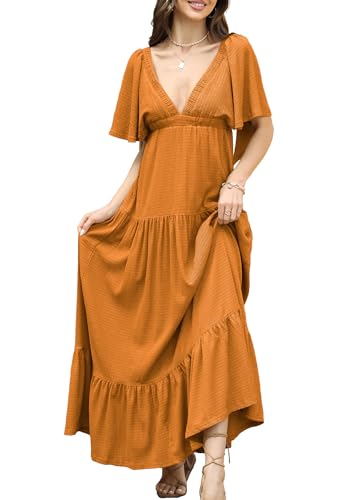 Image of Kikibell Women Summer Dresses Sexy V-Neck Maxi Dress Tiered Silhouette with Flutter Sleeve Backless Elastic Waist Flowy Dress