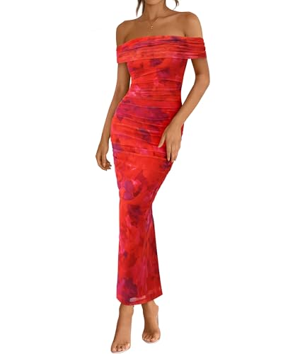 BTFBM Cocktail Dresses for Women 2025 Summer Off Shoulder Bodycon Ruched Mesh Back Slit Floral Maxi Dress Fall Fashion