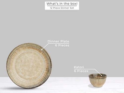 Image of Bodhi House Premium 12-Piece Stoneware Dinner Set Serving for 6 - Handcrafted Ceramic Plates, Bowls & Serving Bowls | Microwave & Dishwasher Safe | Elegant Modern Tableware Crockery Rustic Sand Beige
