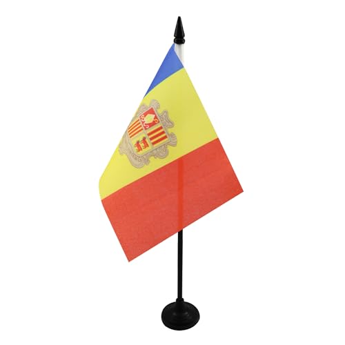 AZ FLAG - Drapeau De Table Andorre - 15x10 cm - Mini Drapeau Andorran De Bureau 100% Polyester Avec Hampe De 25cm Et Socle En Plastique Noir