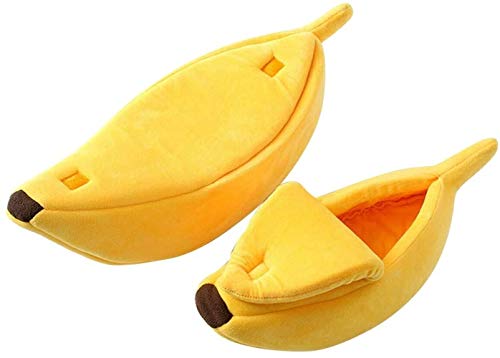 Niikee Cama para mascotas pequeña con forma de plátano, mullida, cálida, suave, transpirable, cama plátano para gatos pequeños (M,amarillo)