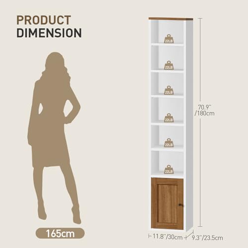 RALGEND 7-Tier Tall Narrow Bookshelf with Door, 71 Inches CD DVD Slim Media Tower Rack with Storage Cabinet, Adjustable Shelves, Skinny Bookshelf Display Bookcase for Home Office, White and Walnut
