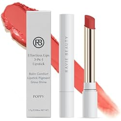 Ravie Beauty Effortless Lips 3-in-1 Lipstick, Sheer-Buildable, Poppy | 3-in-1: Balm Comfort, Lipstick Pigment & Gloss Shine, Won't Settle into Fine Lines, Hand-Poured in Italy