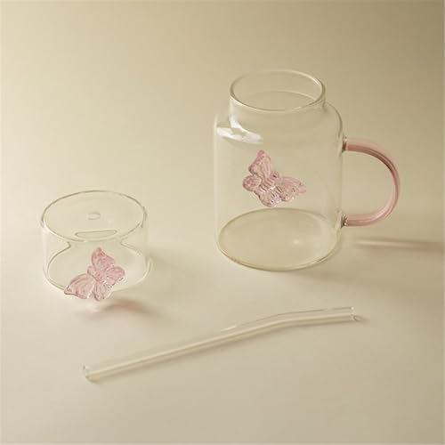 Vasos transparentes con mariposa rosa 3D de cristal borosilicato con pajita 7
