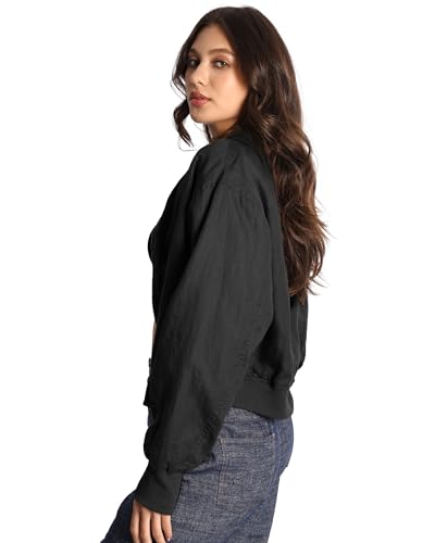 Stylish EELOTILE Women's Retro Black Linen Blend Pilot Jacket - Your Go-To Casual Windbreaker! - Image 2
