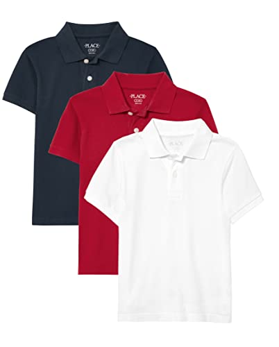 The Children's Place boys Short Sleeve Pique Polo Shirt, Classic Red/Nautico/White 3 Pack, Large US