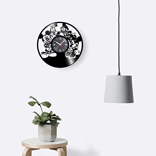 Vinyl Wall Clock With Cartoon Mouses Dog And Duck - Vintage Cartoon Heroes And Characters Themed Art Home Room Decorations - Decor Gift Set Idea For Retro Love Story Lovers Lp Black #TOP2