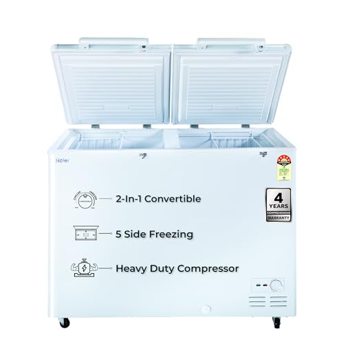 Image of Haier HFC-320DM5, 5 Star Rating Double Door Convertible Deep Freezer, 5 Side Uniform Freezing, Heavy Duty Compressor, inside metal liner with 3 Layer Door Design (White 310L)