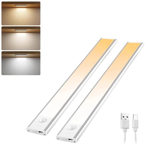 Image of 2Pcs 40cm Wireless Motion Sensor Closet Light, Rechargeable Under Cupboard Light, Motion Sensor Under Cabinet LED, 1200mAh Battery with Stepless Dimming, Stick On Install for Wardrobe, Cabinet