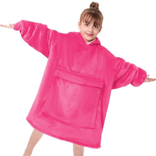 yescool Wearable Blanket Kids Hoodie, Birthday Teen Girls Gifts for 8-15 Year Old Kids Oversized Sweatshirt Sherpa Flannel Cozy Hooded Blanket with Pocket for Children, Youth Teens, One Size, Peach