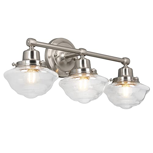 Image of Design House Vintage-Inspired Schoolhouse 3-Light Dimmable Vanity Light, 23.125 in x 7.625 in x 9.5 in, Satin Nickel, Clear Seeded Glass Shades, 589143-SN