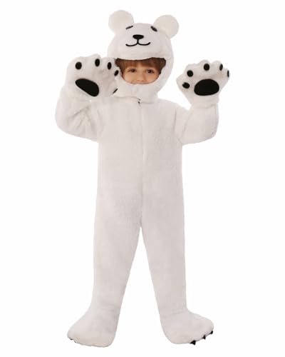 Koongso Disfraz de oso blanco unisex para niños y niñas, mono novedoso de oso polar con diadema, guantes, Halloween, Navidad, fiesta, mameluco de animal
