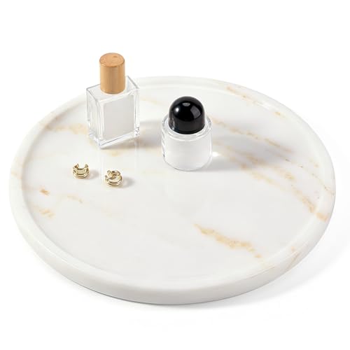 Karibiber Marble Serving Tray 11.8in Round Vanity Tray for Bathroom Countertop Calacatta White Candle Holder for Coffee Table/Kitchen Stone Home Decorative Catchall Tray for Perfume