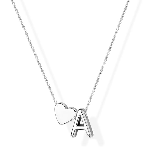 Inerney Silver A Necklace, Initial Heart Pendant Necklace for Women, Silver Plated Personalized Jewelry, Custom Letter A Charm Gift for Her Birthday Anniversary Valentine's Day