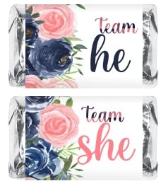 60 Navy and Blush Team She Team He Mini Candy Bar Wrapper, Miniatures Candy Bar Stickers, Gender Reveal Pink and Blue Decorations, Party Favors, Made