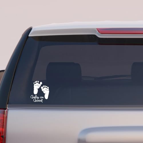 Image of CVANU Baby on Board Sticker (Set of 2) White Vinyl Car Safety Warning Self-Adhesive Waterproof Stickers for Cars| Windows| Vehicle Surface (15.5cm X 13cm) 871