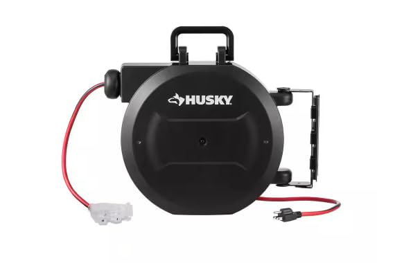 Husky 50 ft. 14/3 Medium Duty 13-Amps Indoor Extension Cord Reel with Multiple Outlet Triple Tap End, Black