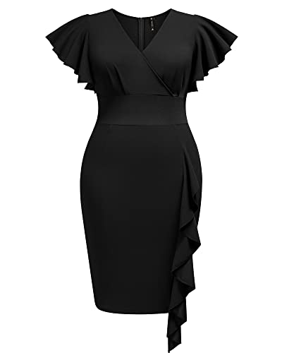 Image of Miusol Women's Plus Size Vintage V Neck Ruffles Sleeve Bodycon Business Cocktail Party Pencil Dress