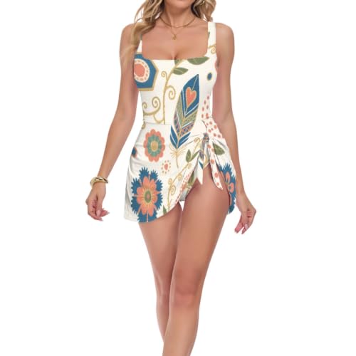 Maillot de bain amincissant bleu floral avec jupe amovible pour femme