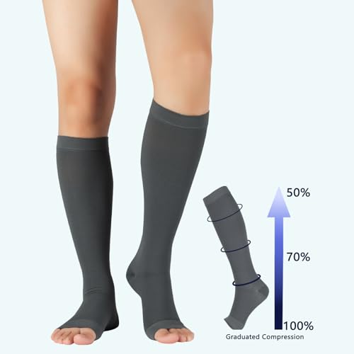 Image of Lin Performance Medical Compression Socks for Women and Men, 20-30 mmHg Open Toe Knee High Stockings, Leg Support for Daily & Travel Comfort (XL,Grey)