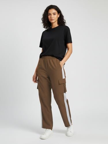 Image of ADDYVERO Women Lose Fitting Side Pockets Stripes Detailing High Waisted Casual Cargo Pant (Light Brown, 34)