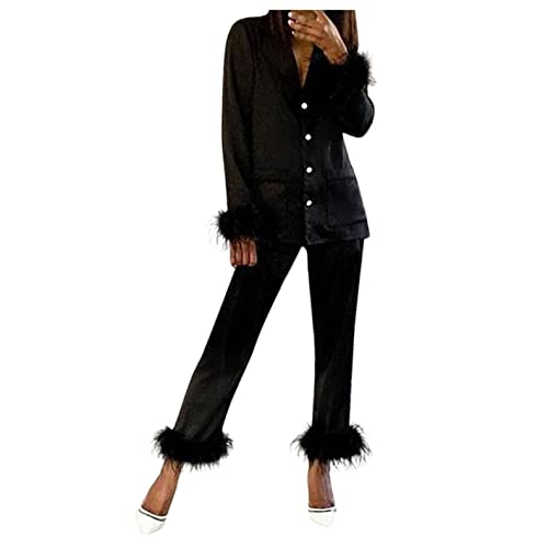 Conjunto de pijama de plumas de manga larga suave ropa de dormir ligera ropa de dormir superior e inferior ropa de dormir cómoda conjuntos de pijamas, Negro, S