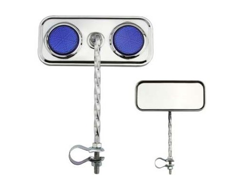 Lowrider Rectangle Twisted Mirror Chrome Blue Reflectors. Bike Mirror, Bicycle Mirror, Beach Cruiser, Chopper, Limo, Stretch Bike, BMX, Track, Fixie, Mountain Bikes