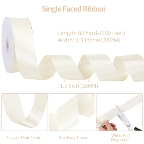 Image of woric Ivory Satin Ribbon 1 1 /2 Inch 60 Yards Cream Ribbon for Wedding Flower Bouquet Bridal Decoration Making Bows Handmade Roses Graduation Leis Cake Gift Wrapping