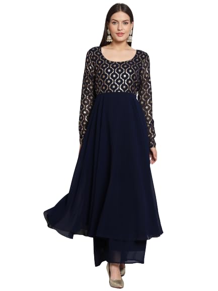 PH POSHAKHUB Georgette Foil Print Anarkali Kurta has Round Neck and Full Sleeve