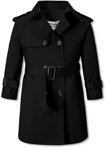 Image of Betusline Boys Waterproof Trench Coat Rain Jackets Double Breasted Lightweight Classic Belted Outwear Jacket Dress Coats,1# Black,6-7 Years = Tag 130