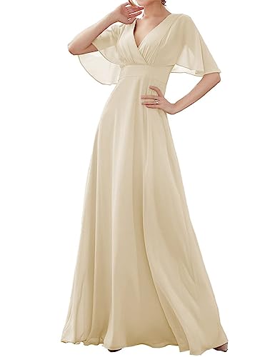 HPPEE Robe de demoiselle d'honneur à manches courtes et col en V avec poches pour femme, champagne, 58 plus HPPEE Robe de demoiselle d'honneur à manches courtes et col en V avec poches pour femme, champagne, 58 plus